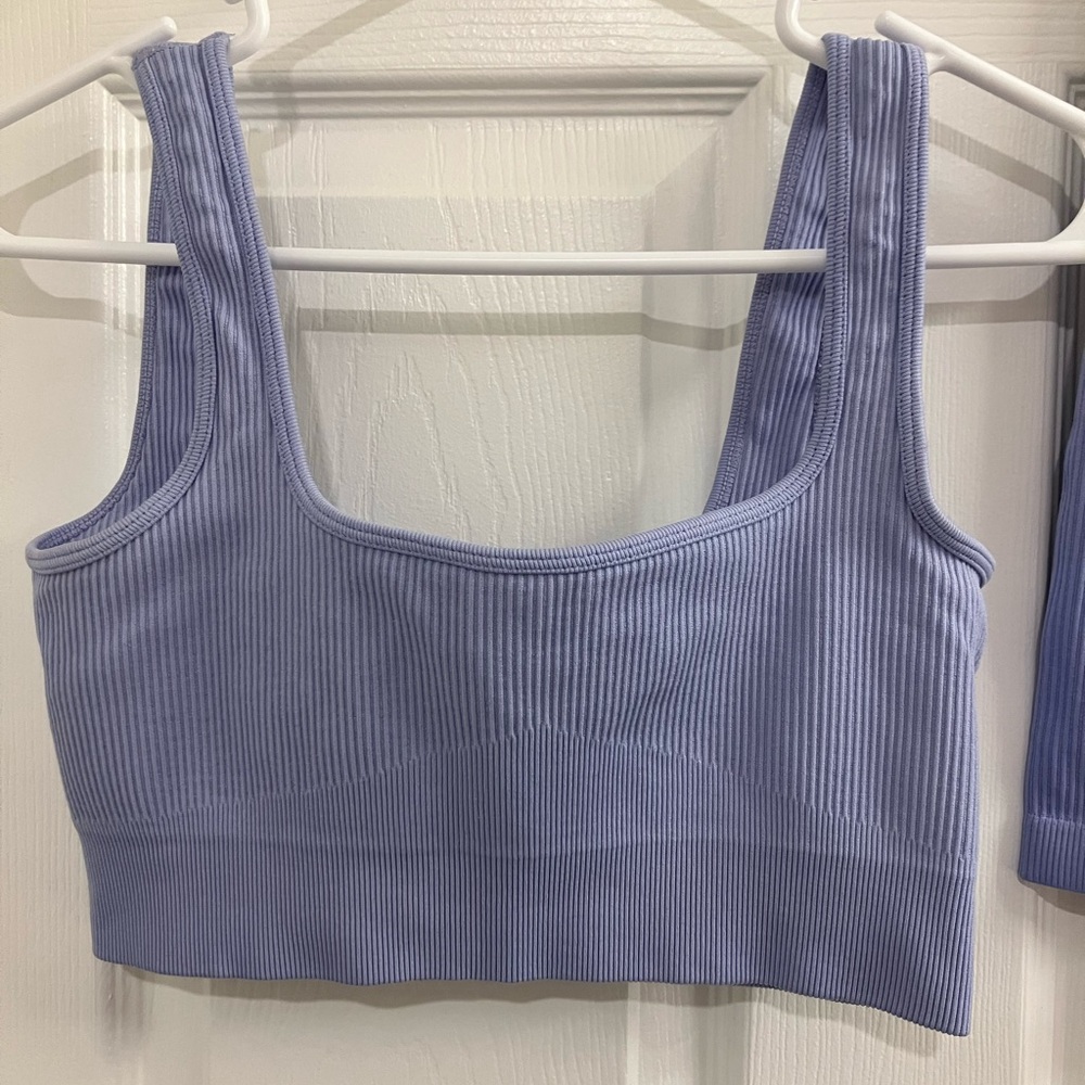💙2 Piece Set: Periwinkle Ribbed Matching Sports Bra Biker Shorts Workout Set - Picture 5 of 10